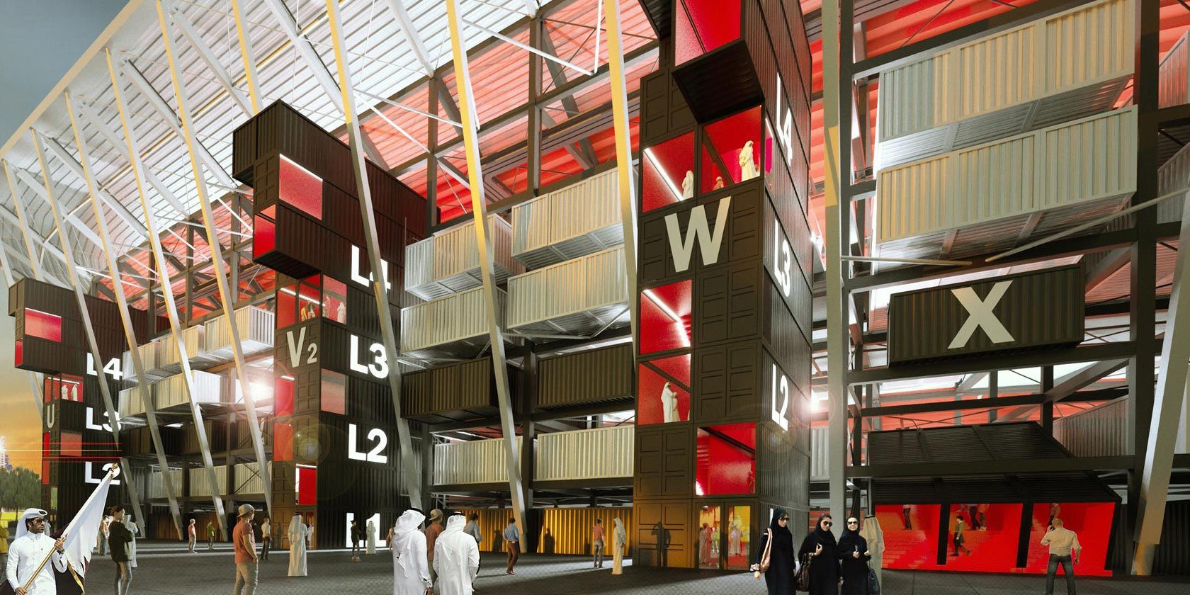 Estádio feito de containers vai sediar a próxima copa do mundo